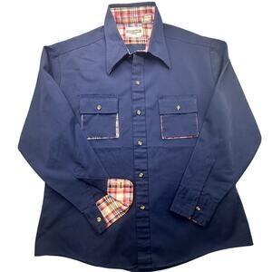 Rugged Country Campus Navy Plaid Trim Western Work Shirt XL 70s Retro VTG